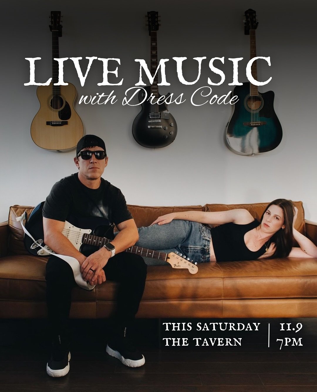 🎶🎸🍷 THIS SATURDAY, join us and @dresscode_pgh for live music in The Tavern! Cozy up with drinks, great food, and this amazing acoustic duo band!!