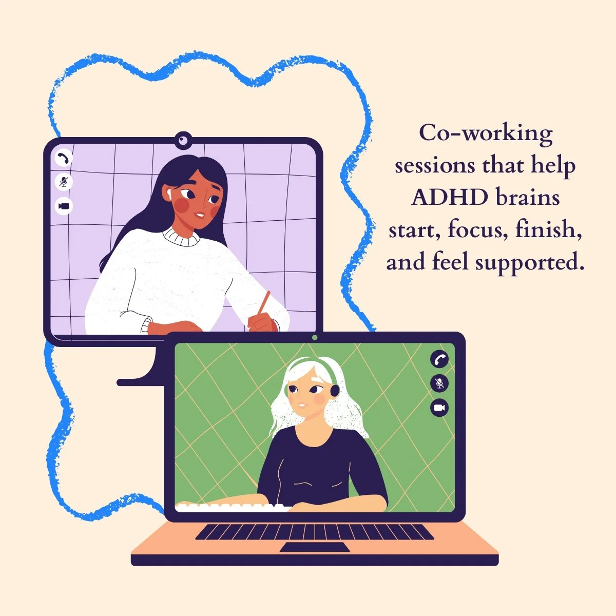 Illustration of two women body doubling (co-working) together, two computer monitors one with a portrait image of a BIPOC woman one with an image of a white woman