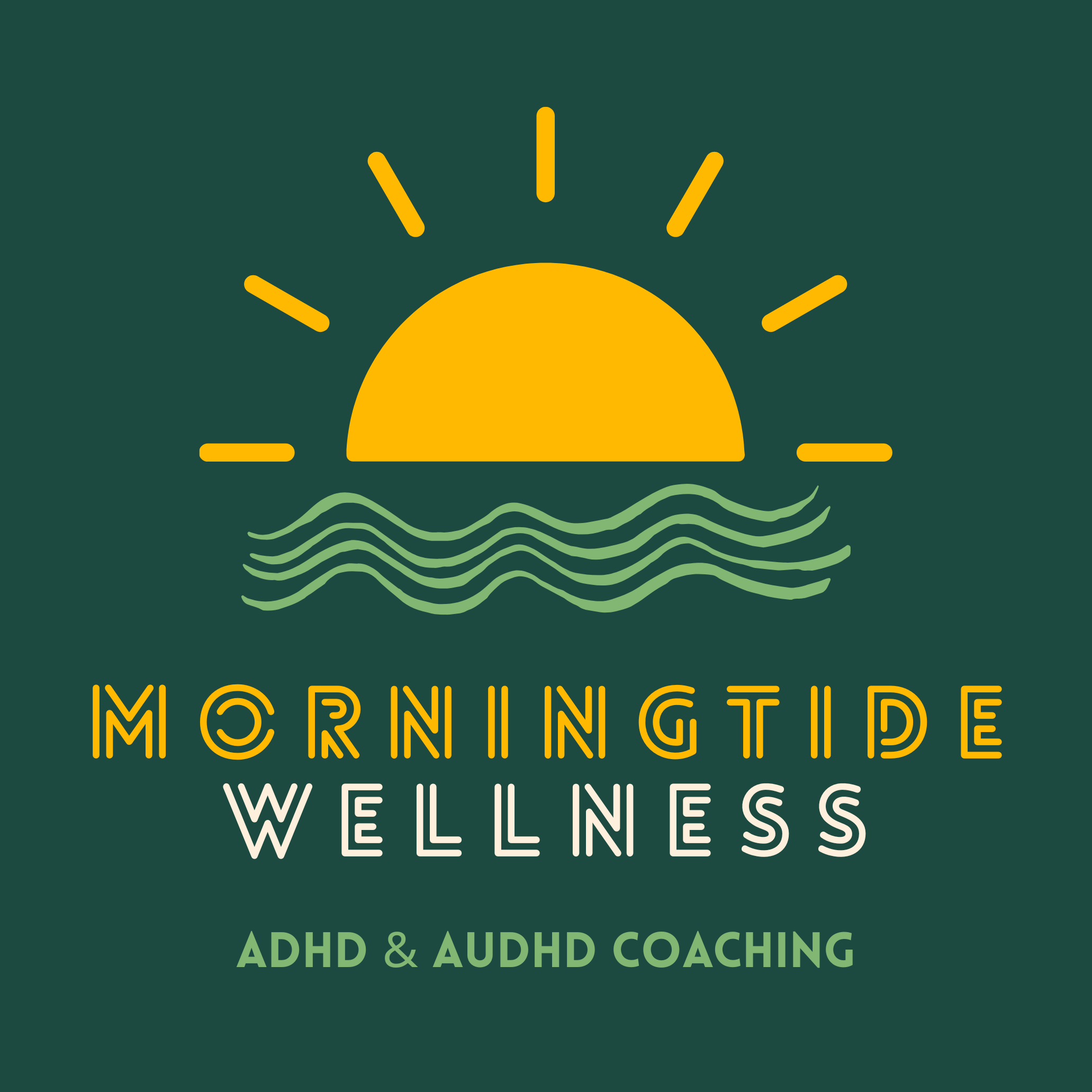 Morningtide Wellness ADHD and AuDHD Coaching Logo with sun and waves icons