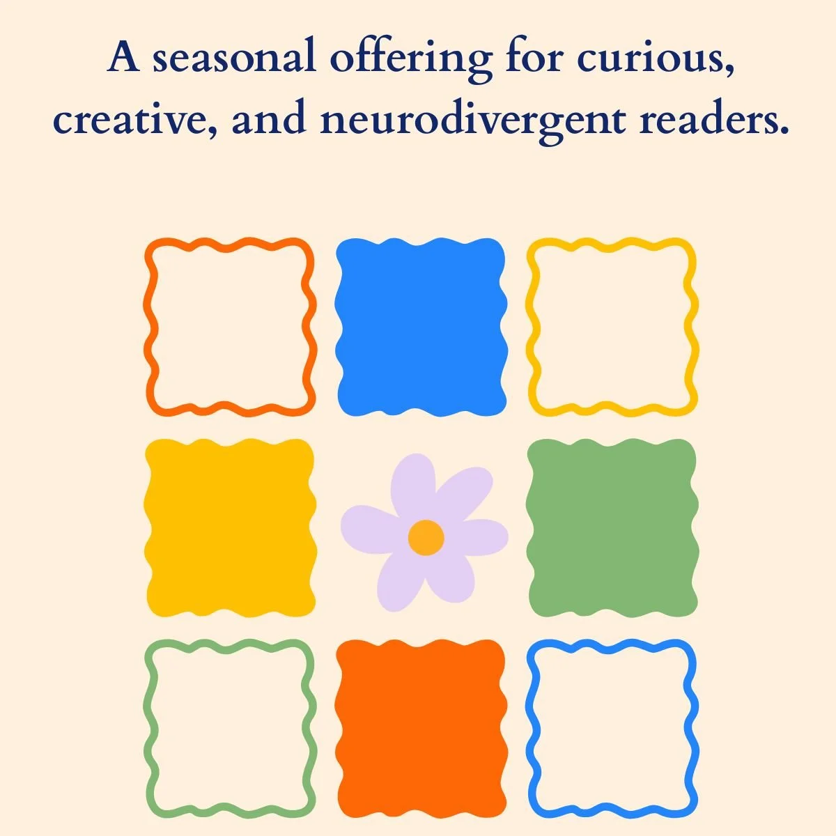 The Divergent Minds Bookclub by Morningtide Wellness ADHD Coaching - image of a patchwork of squares in different colors with a lavender flower in the middle and text that reads "a seasonal offering for curious, creative, and neurodivergent readers"