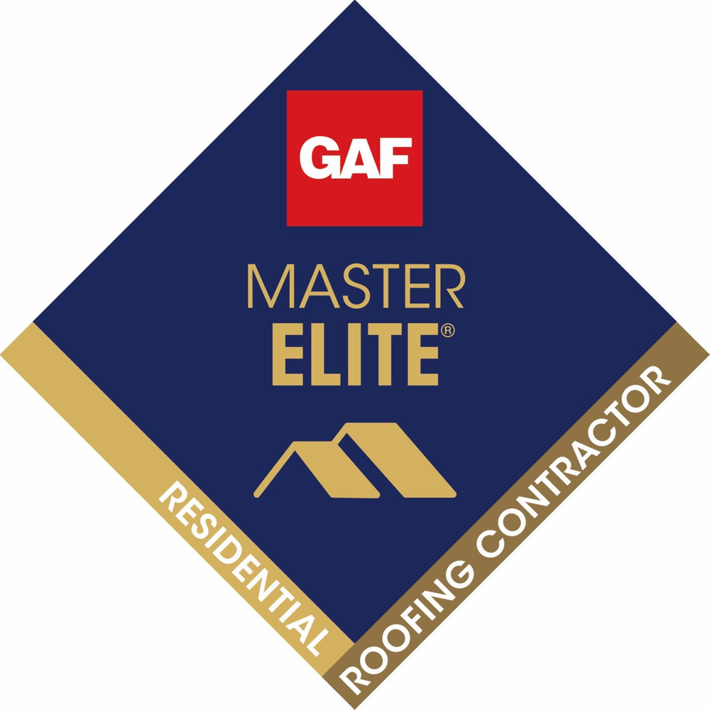 GAF Master Elite Residential Roofing Contractor diamond badge with a blue background, gold borders, and text indicating a certification for roofing contractors.
