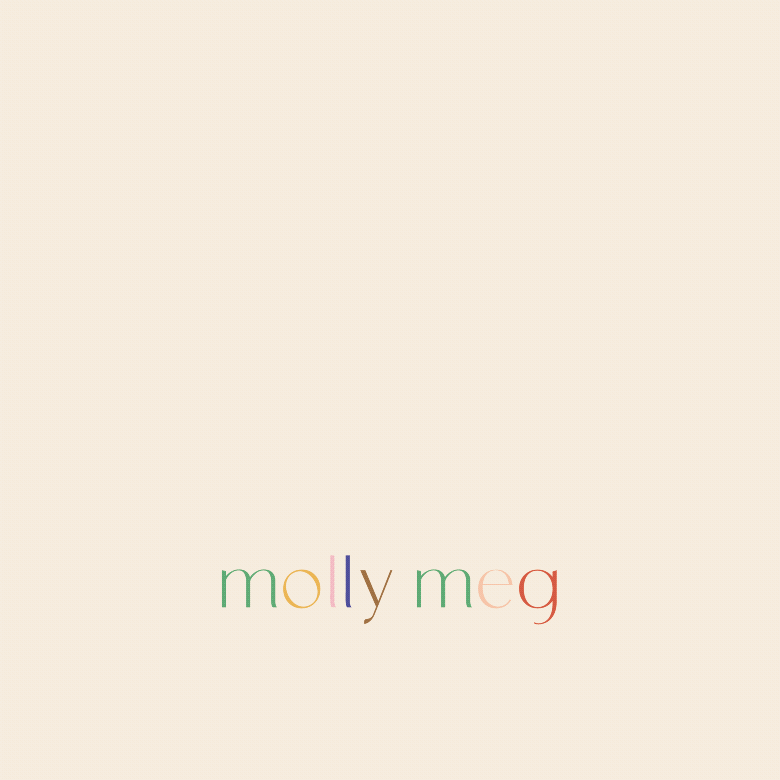 Logo with the words 'molly meg' in colorful, lowercase letters on a light beige background.