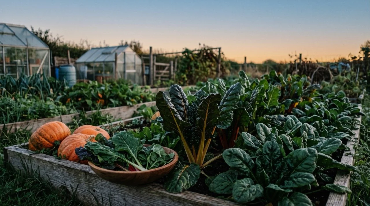 Dark leafy chard and spinach in a kitchen garden at dusk with a wooden bowl of picked greens