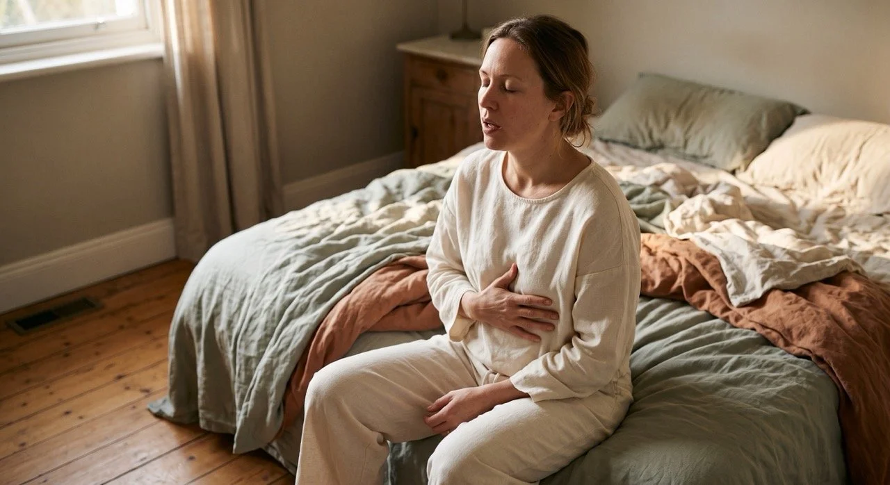 Woman on the edge of a bed in morning light, eyes closed, mid-exhale with a hand resting on her ribs