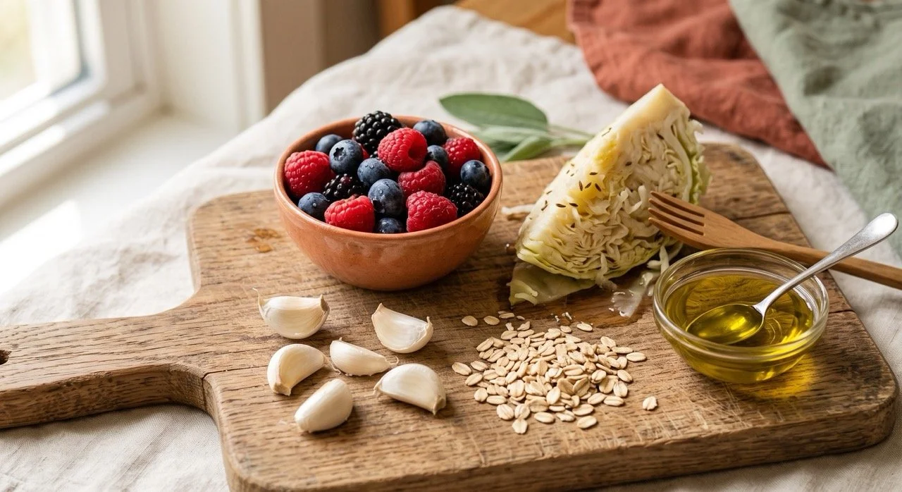 Close-up of colorful gut-healthy foods, berries, sauerkraut, oats, and garlic on a wood board