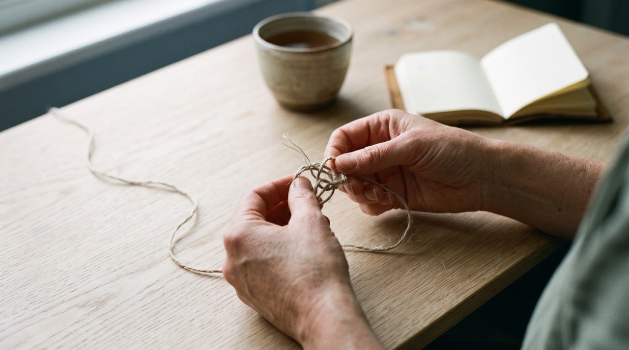 Hands gently untying a knot in linen thread beside a cup of tea and a notebook on a wooden desk