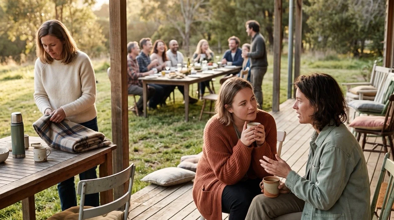 Two friends in close conversation on a porch while a larger group laughs together behind them at golden hour
