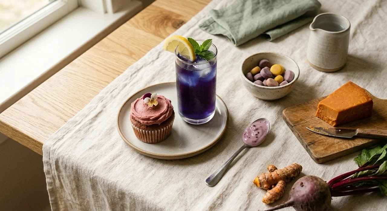 Cupcake, lemonade, candies, cheddar, and yogurt colored by beet, butterfly pea, turmeric, and annatto