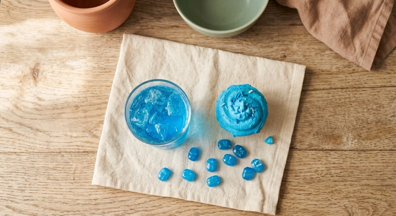 Everyday blue-dyed foods, a blue sports drink, a blue-frosted cupcake, and blue candies, on cream linen