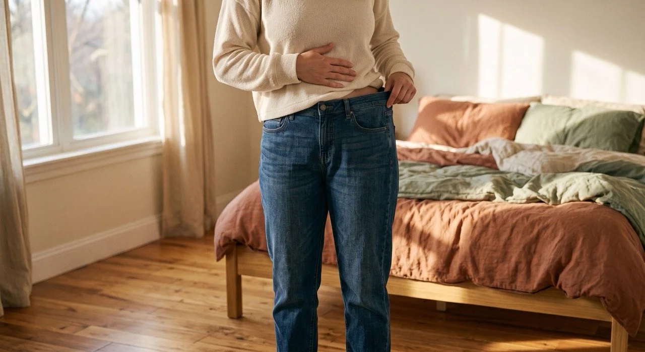 Woman in loungewear resting a hand on her bloated abdomen and holding her waistband away