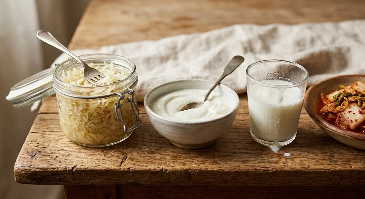 Close-up of sauerkraut, yogurt, kefir, and kimchi on oak, the fermented foods that support the gut-serotonin connection