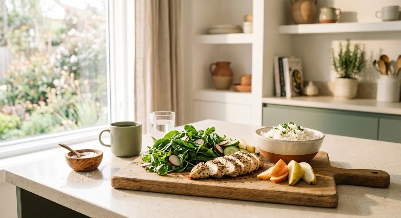 Sunlit kitchen counter with fresh low-histamine whole foods on a wooden board