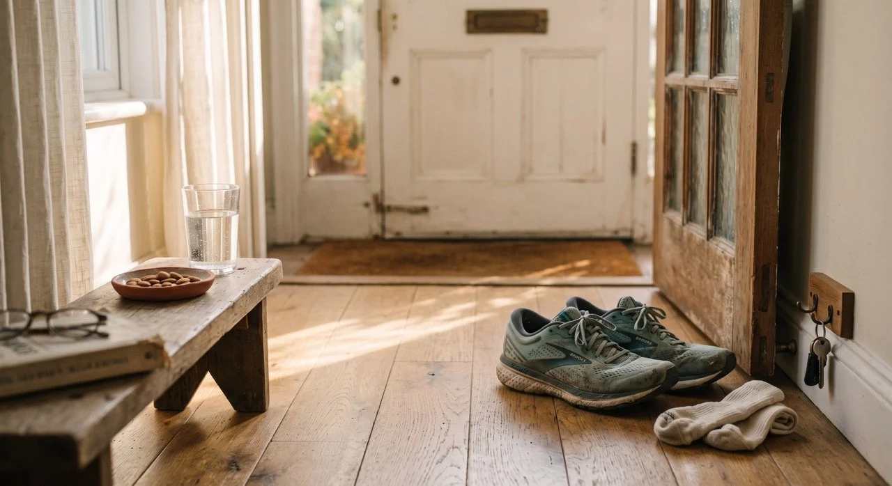 Running shoes and morning light by a doorway, symbols of the daily habits that support natural dopamine