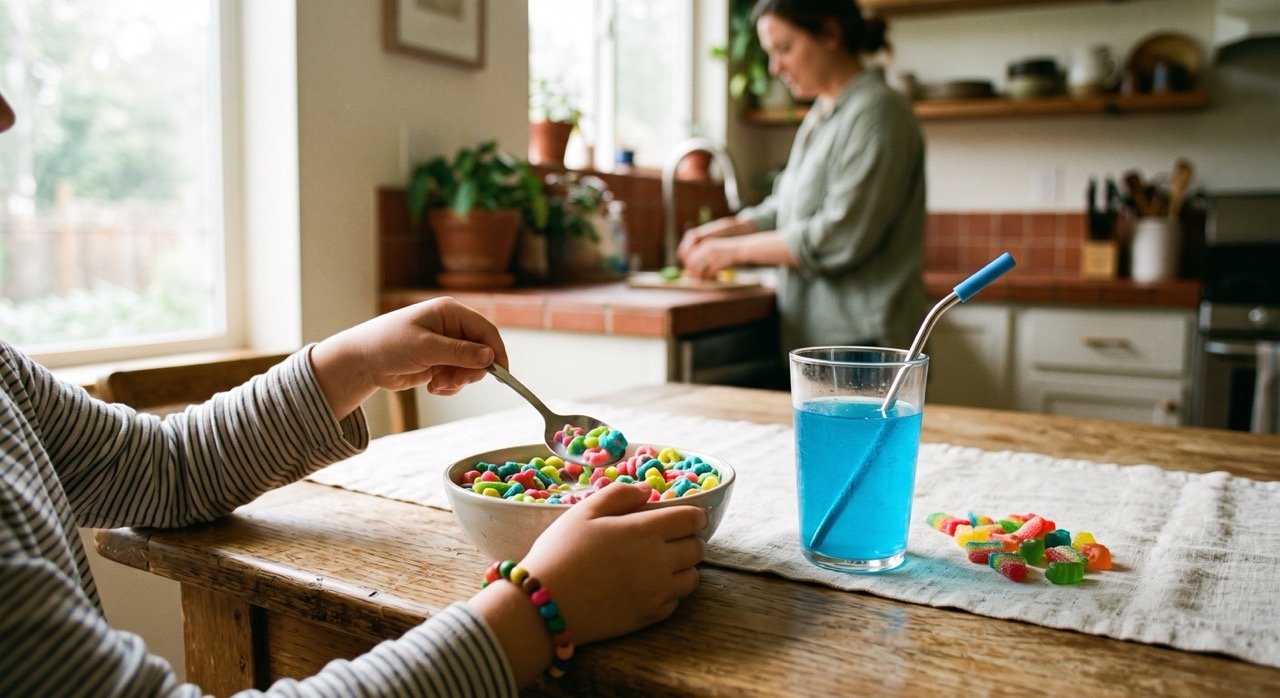 Child's hands at a sunlit kitchen table with brightly dyed cereal, a blue sports drink, and rainbow gummies