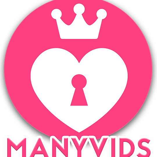A pink circle with a white heart-shaped lock at the center, topped with a white crown, and the word "MANYVIDS" in white and pink letters below.