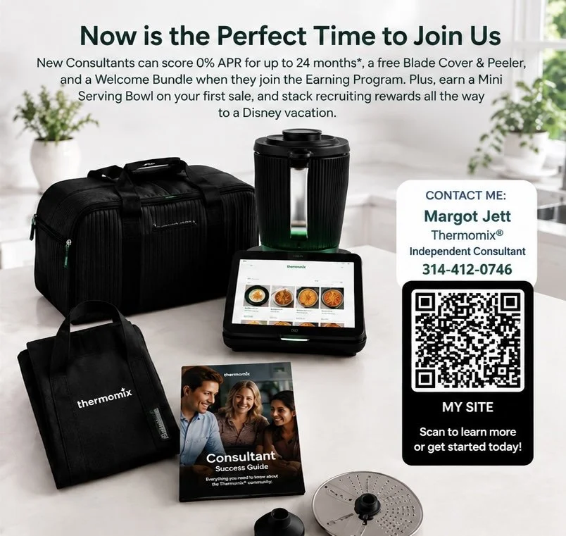 Promotional flyer for Thermomix consultants featuring a black bag, a tablet displaying recipes, a black travel mug, a guidebook, and a detachable disc accessory on a white surface with plants in the background, QR code, and contact information for Margot Jett.