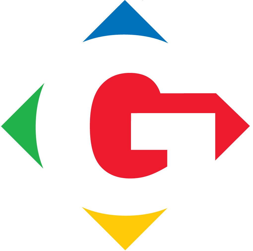 A colorful graphic with a red G in the center, surrounded by arrows pointing up (blue), left (green), down (yellow), and right (red), representing directions.