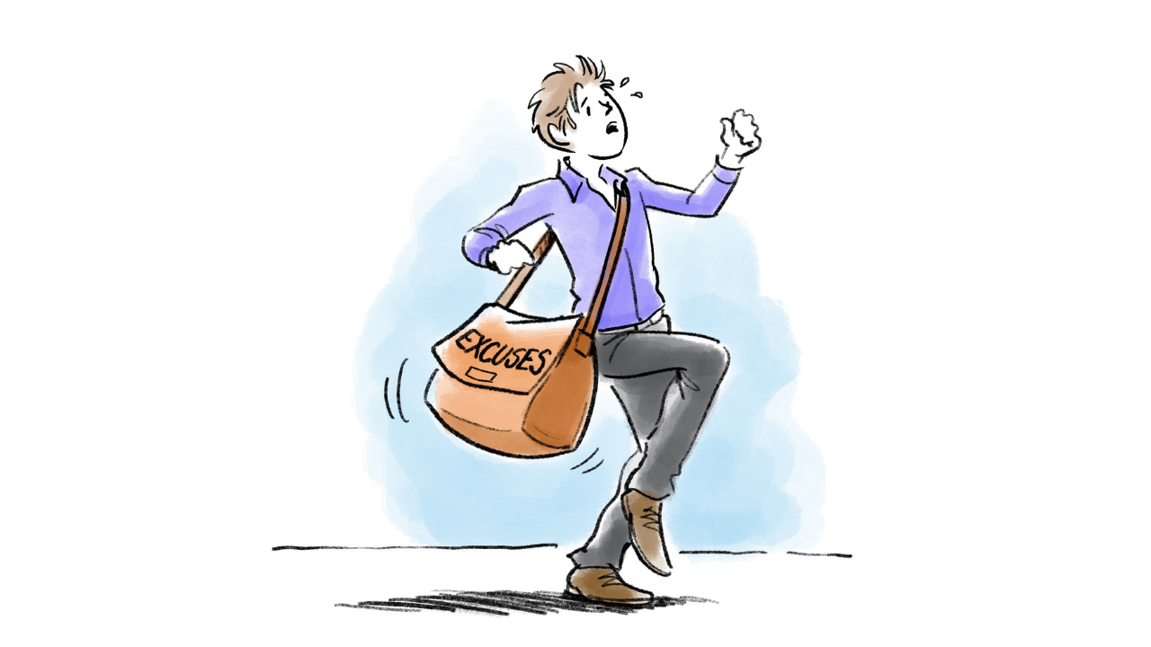 cartoon of sweating stressed man running carrying a bag labelled excuses