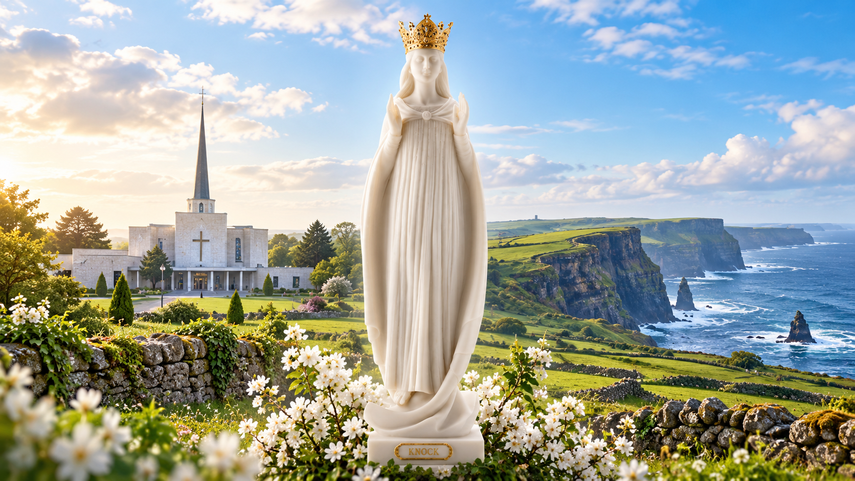 Statue of the Virgin Mary with a golden crown in front of a church and scenic coastal cliffs during sunset.