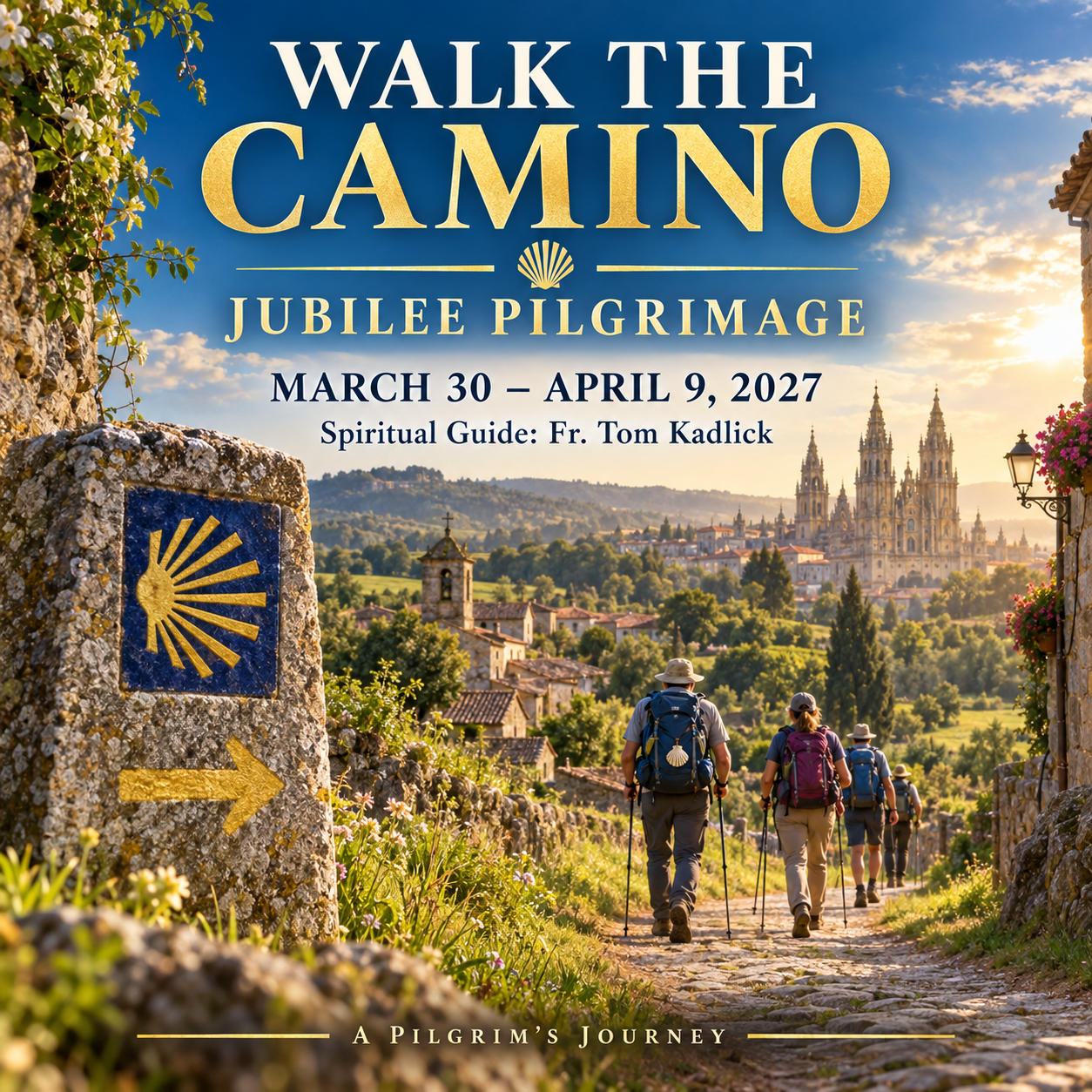 A stone marker for the Camino de Santiago with a yellow arrow pointing left, a blue square with a yellow scallop shell symbol, and distance and direction information.