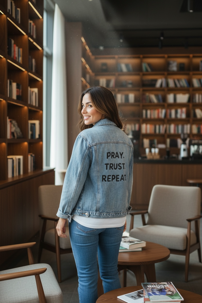 Denim Jacket — "Pray Trust Repeat" Inspirational Women's Jean Jacket