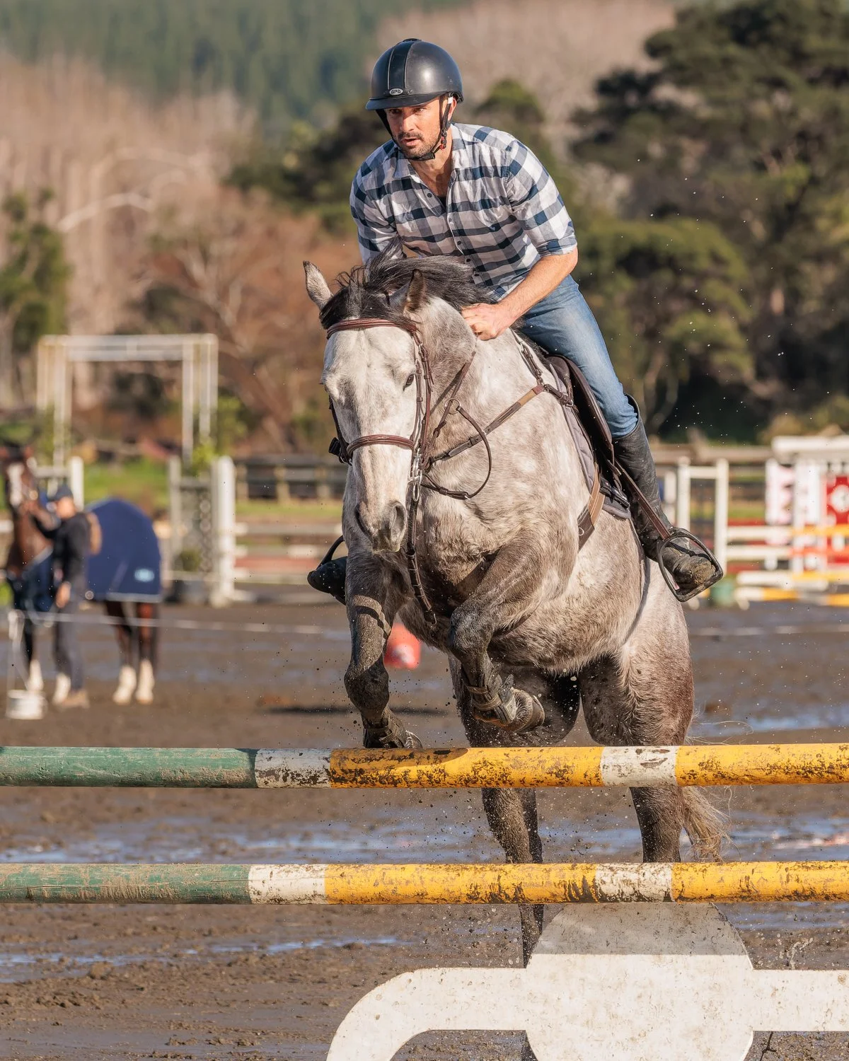 A man in a checkered shirt and helmet riding a gray horse jump over a yellow and green obstacle during an equestrian event.