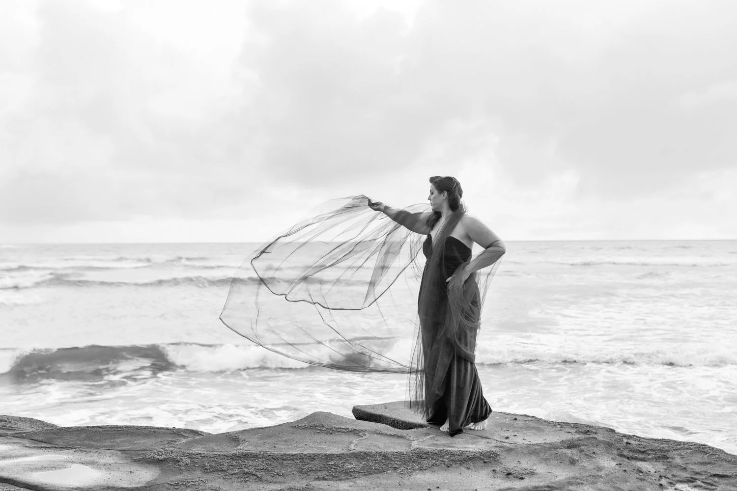 A woman in a long dress standing on a beach with waves behind her, holding a sheer fabric in the wind.