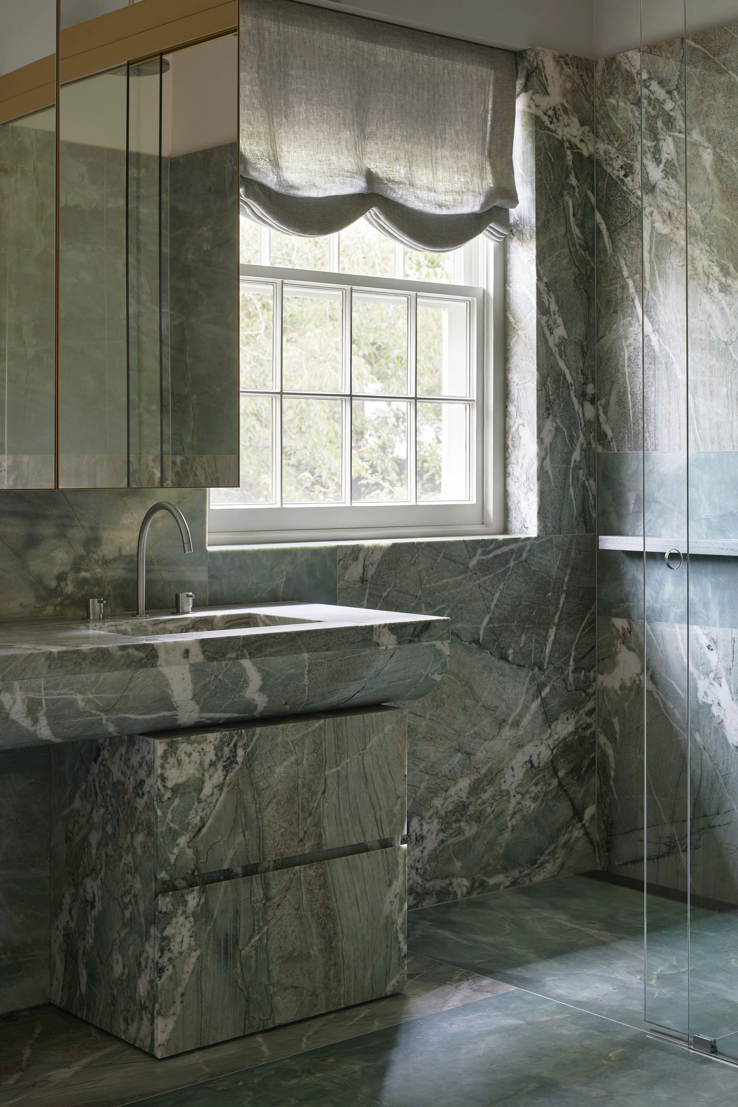 bathroom with green quartzite