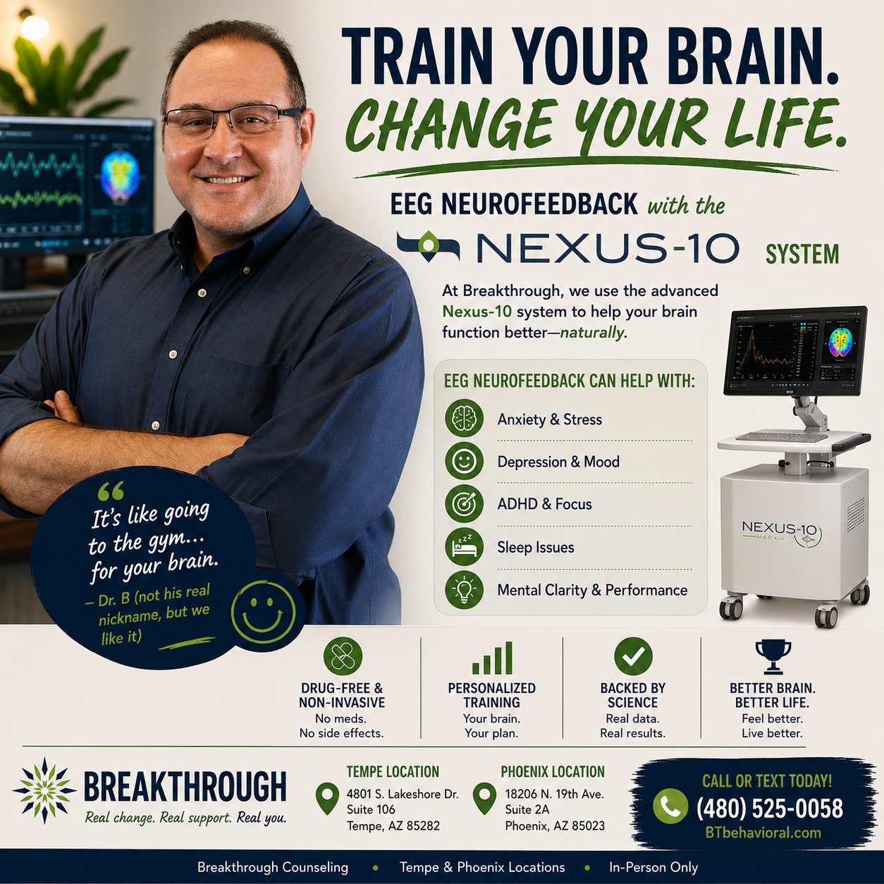 A promotional poster for neurofeedback therapy at Breakthrough, featuring a smiling man in glasses and a dark shirt. The poster highlights the benefits of the Nexus-10 neurofeedback system, such as reducing anxiety, depression, ADHD, sleep issues, and improving mental clarity. It includes a picture of the Nexus-10 device, contact details, and locations in Tempe and Phoenix.