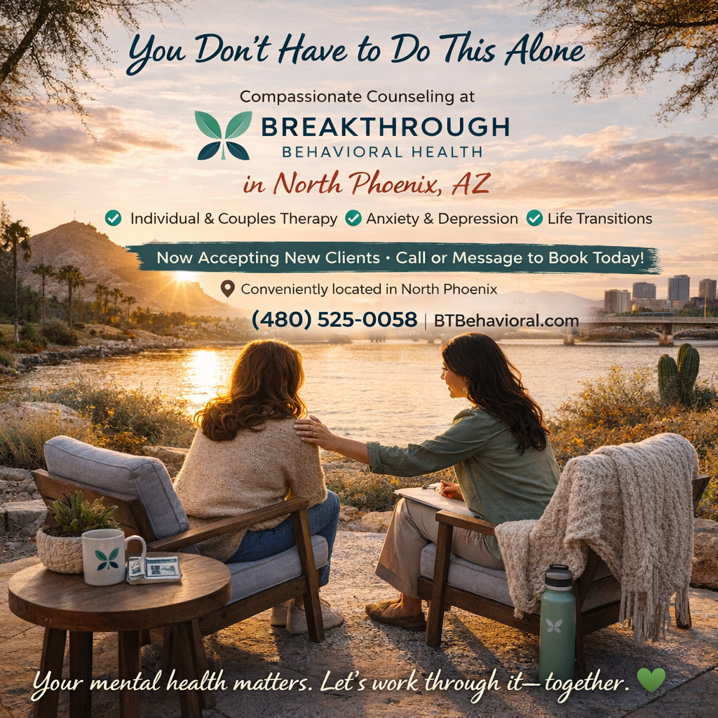 A promotional advertisement for Breakthrough Behavioral Health featuring a picture of two women sitting outdoors near a river during sunset. One woman is comforting the other, emphasizing mental health support. The ad mentions counseling services for