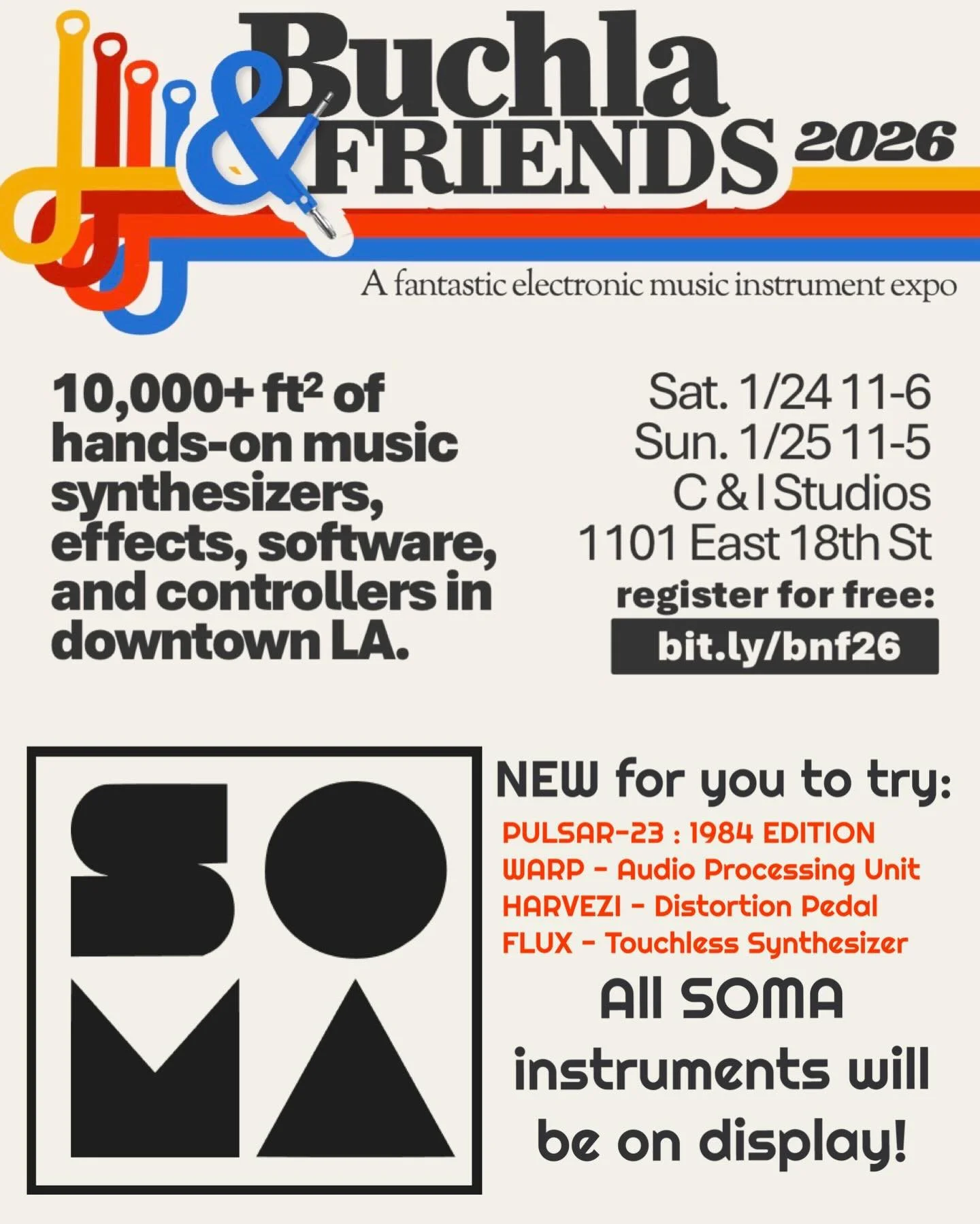 Buchla &amp; Friends weekend is coming up SOON!! We look forward to meeting you there! All SOMA instruments including the latest will be on display for you to try. 

Come by our booth and say hello to Kevin from SOMA US and Grzegorz from SOMA EU 👋

