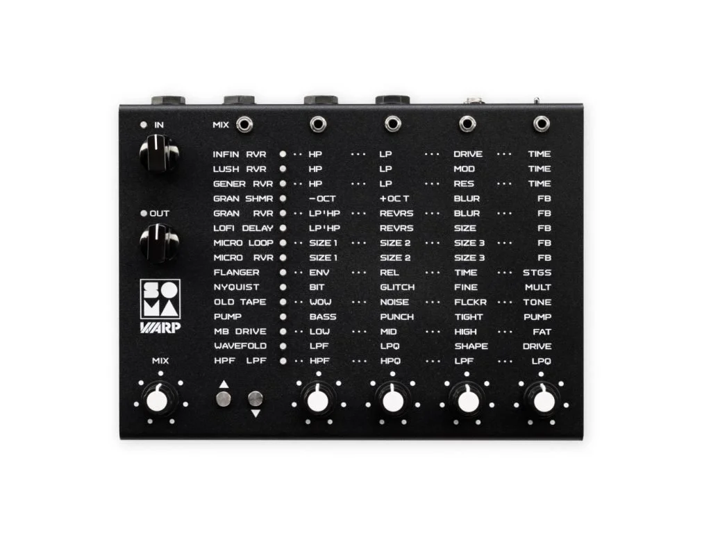 A black music synthesizer module with various knobs and switches for sound editing.
