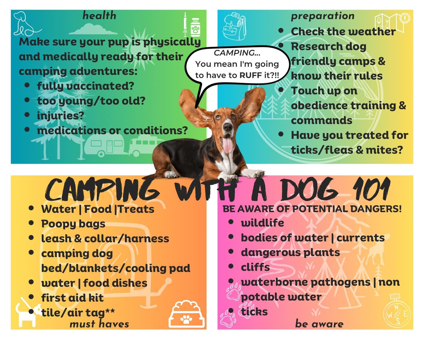 May long weekend is upon us - are you and your pup ready? 

CAMPING WITH DOGS 101 - from WBARC

Did you know: Between TICKS and BLACK BEARS believe it or not ticks pose a bigger threat to dogs than bears !!!!!!!!
Bears are afraid of dogs for multiple
