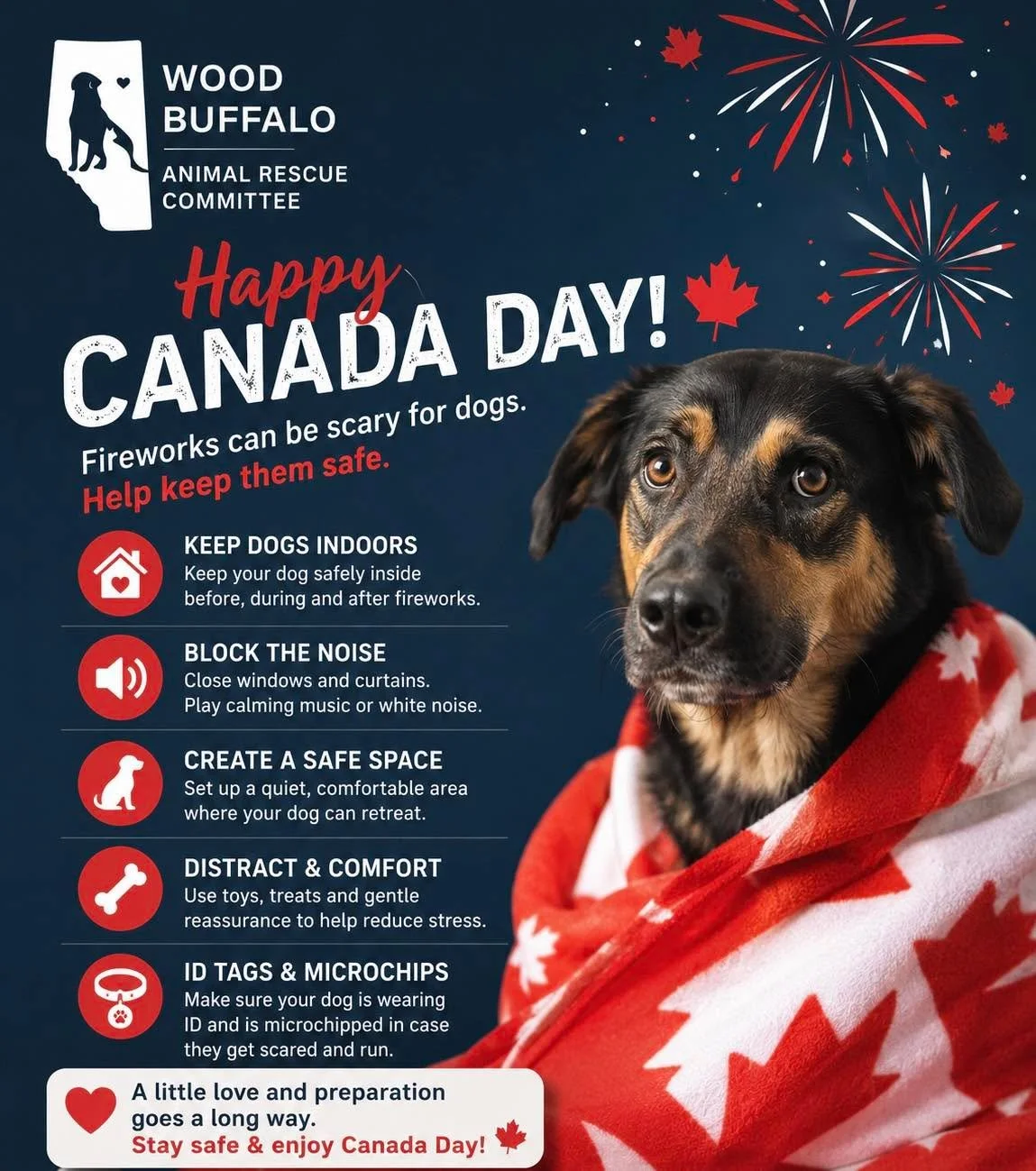 🇨🇦 Happy Canada Day 🇨🇦

Let&rsquo;s keep our pets safe while enjoying the Canada Day festivities! While fireworks are exciting for many of us, they can be frightening and overwhelming for our furry family members.

🐾 Keep pets indoors before, du