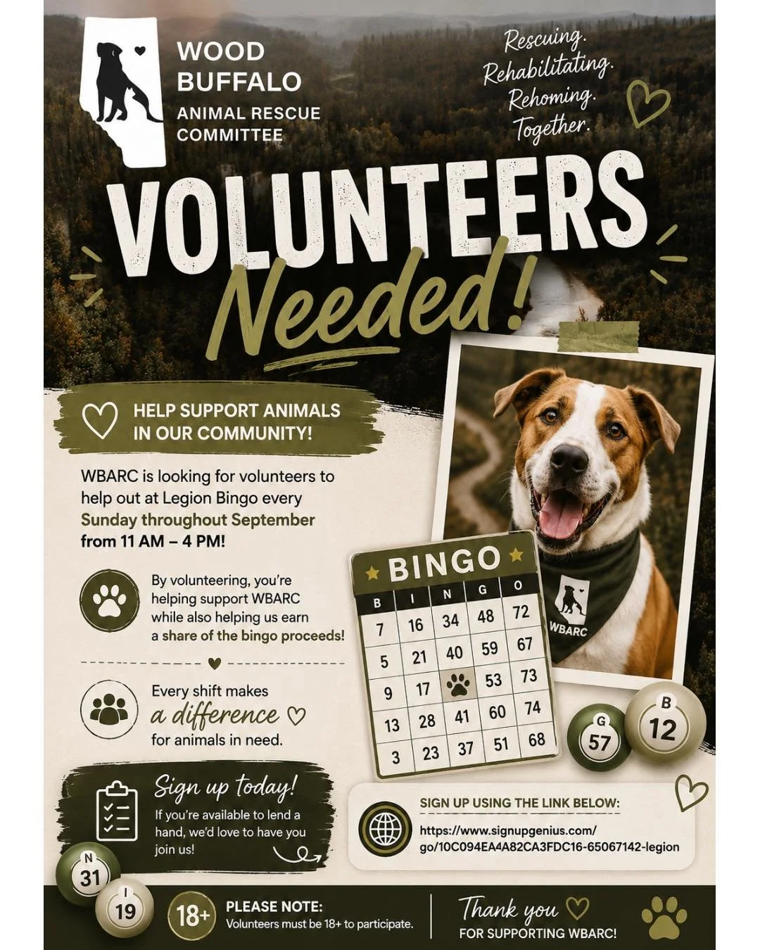 VOLUNTEERS NEEDED! 🐾

WBARC is looking for volunteers to help out at Legion Bingo every Sunday throughout September from 11 AM&ndash;4 PM! 

If you&rsquo;re available to lend a hand, we&rsquo;d love to have you join us! By volunteering, you&rsquo;re