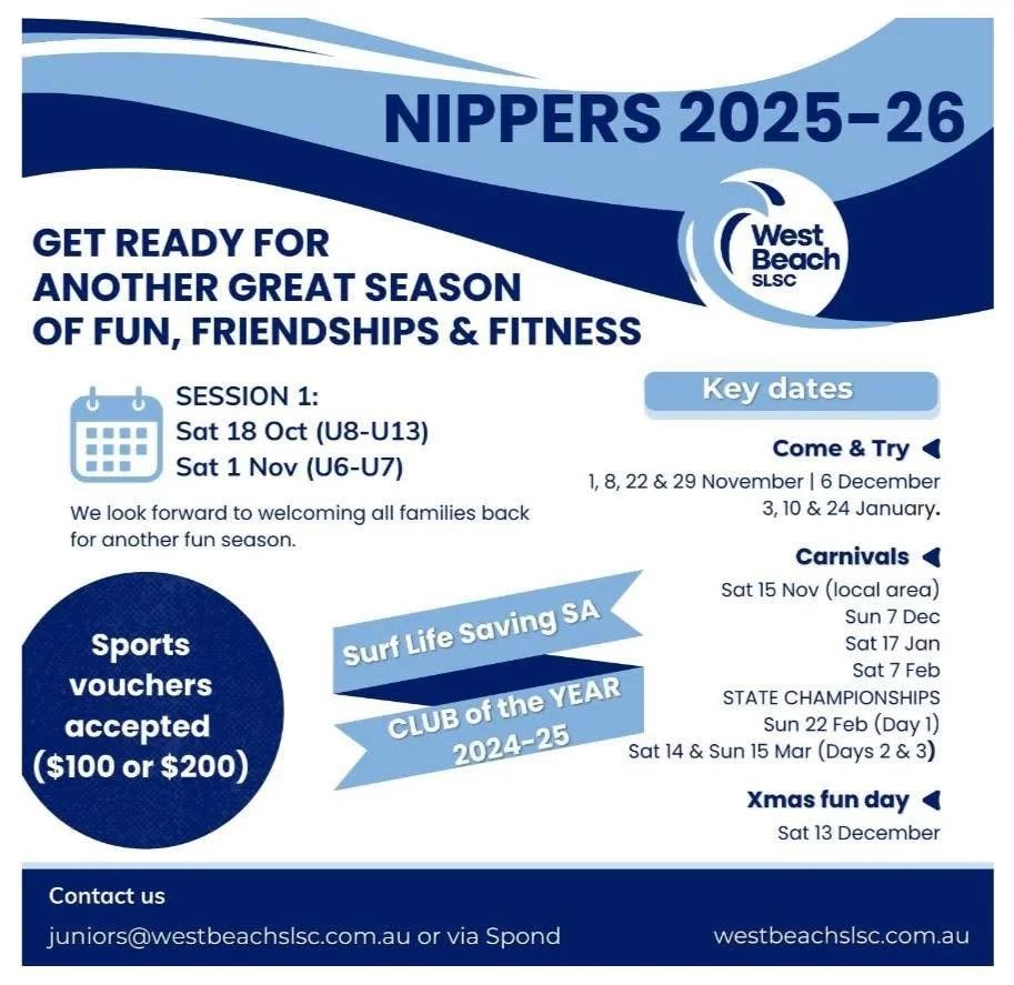 📣 Attention all Nippers! Join us at WEST BEACH SLSC for the 2025-26 summer season 💙🩵

Have fun, make friends and improve your health and fitness with Surf Lifesaving SA&rsquo;s CLUB OF THE YEAR for 2024-25 🌟

#doubleblues #surf #community #clubbi