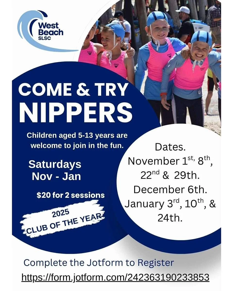 📣 COME AND TRY NIPPERS AT WEST BEACH SLSC ~ 2025 SLSA Club of the Year ~ 💙🩵

🗓️ Beginning Saturday November 1st, 2025 🌊

✅ Click on the link to register https://form.jotform.com/242363190233853

#doubleblues #surf #community #inclusion #ocean #c