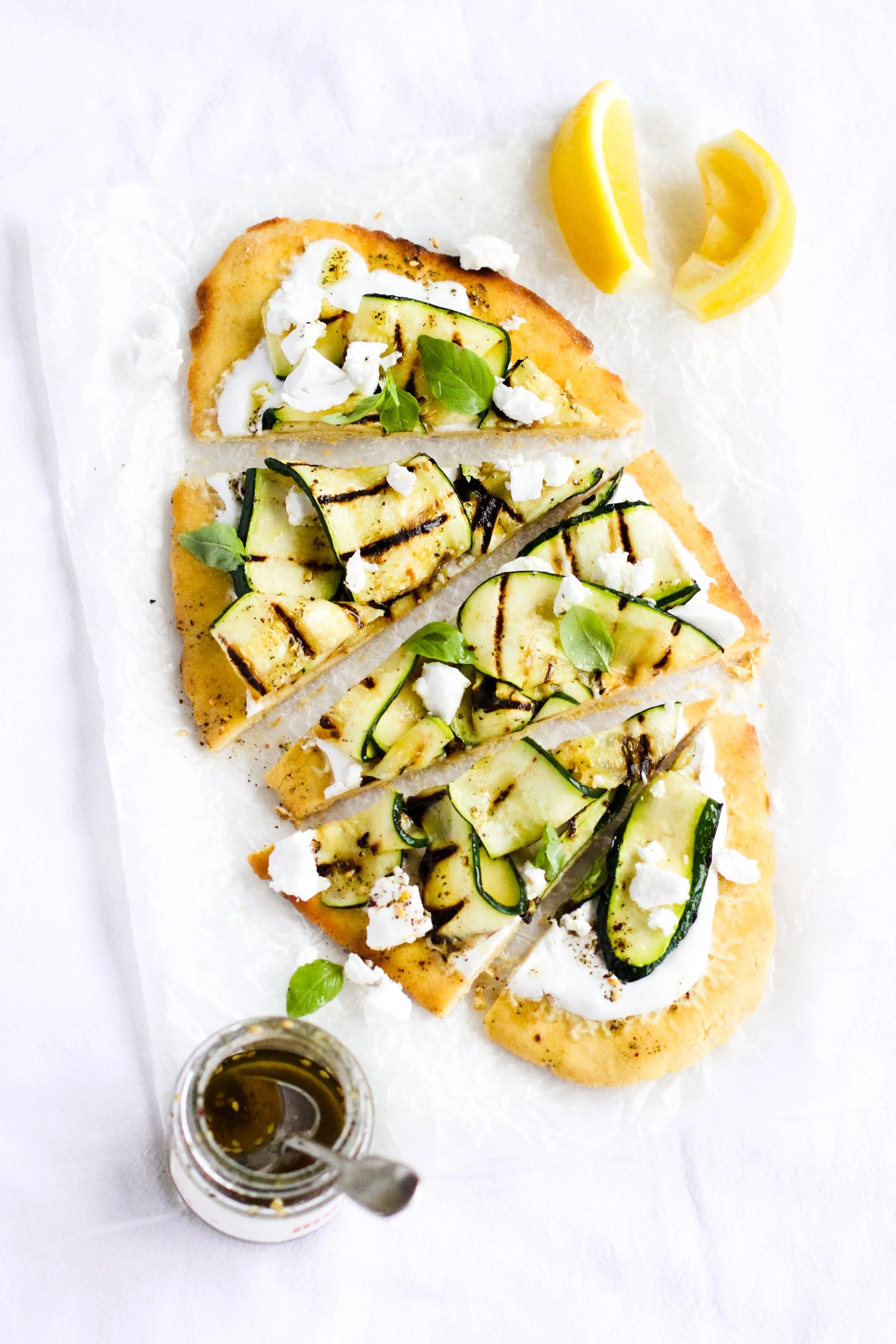 Grilled zucchini, za’atar, feta flatbread — Happy Macadamia