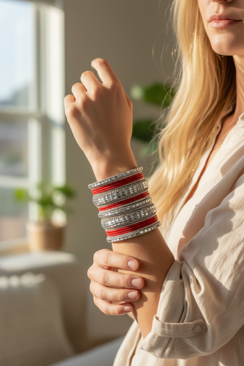 Red bangles with Silver Kade