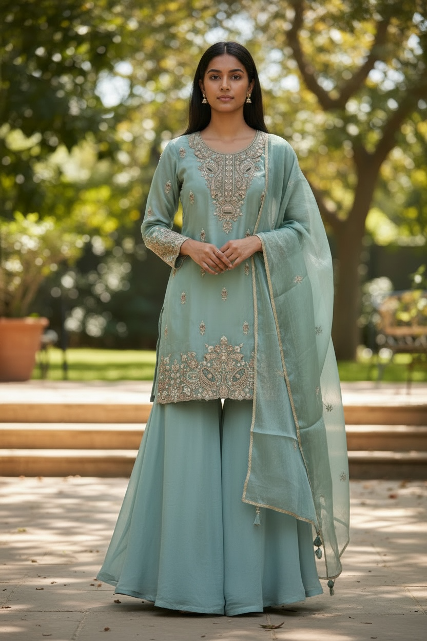 blue colour with cut dana and sequin work