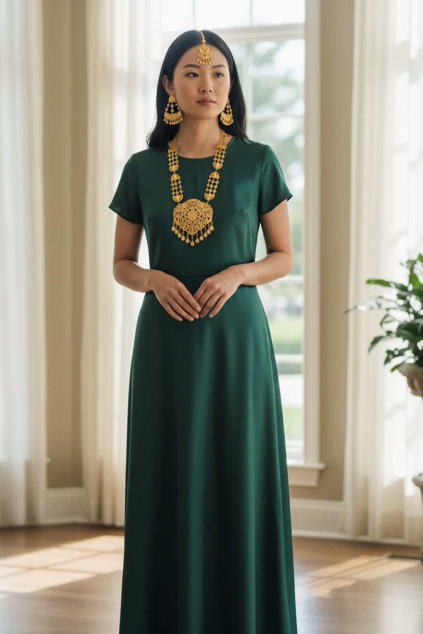 long mala with oversized earrings and tikka