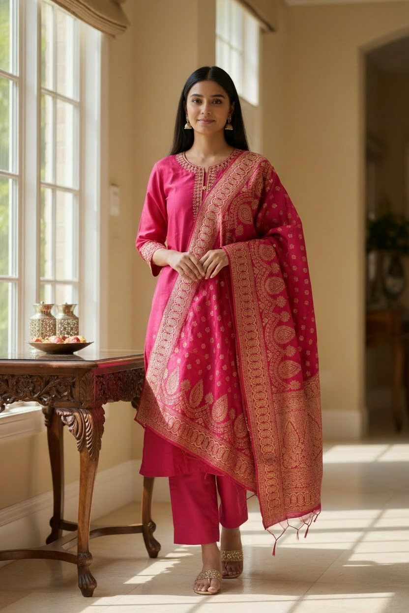 Banarsi Duppatta Magenta Pant Suit with Neckwork