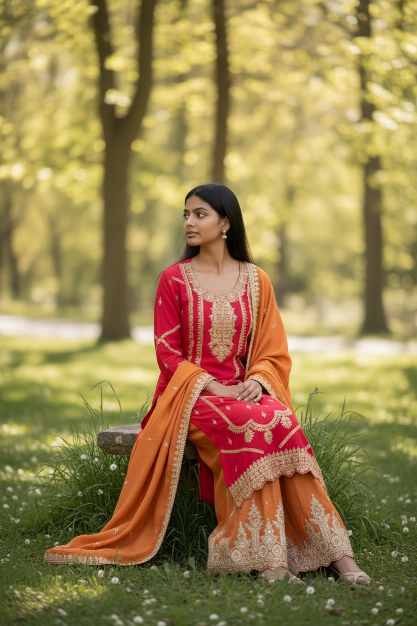 Hot Pink and Orange Sharara Suit