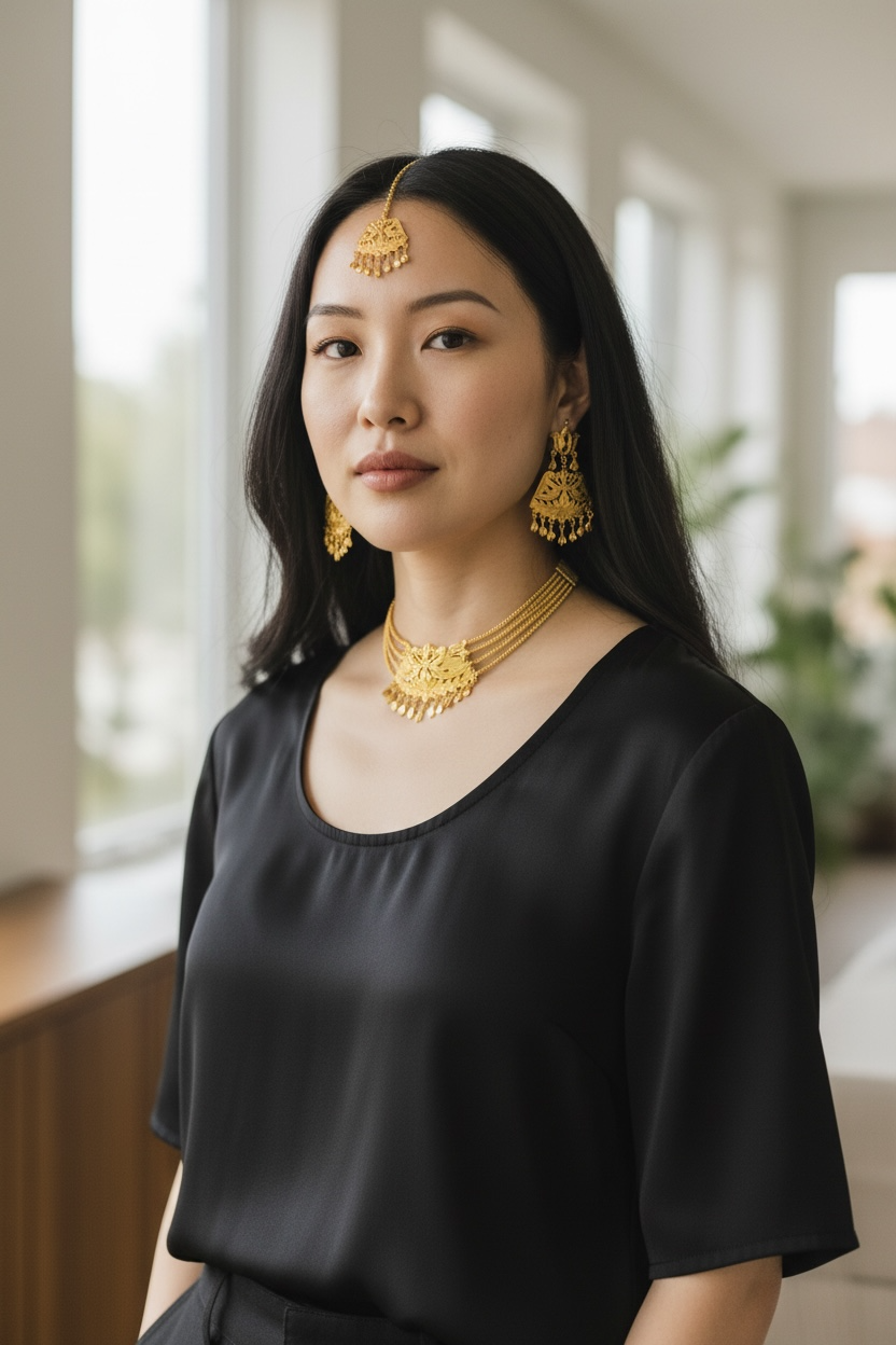 Morni design Gold look Choker with earrings and tikka