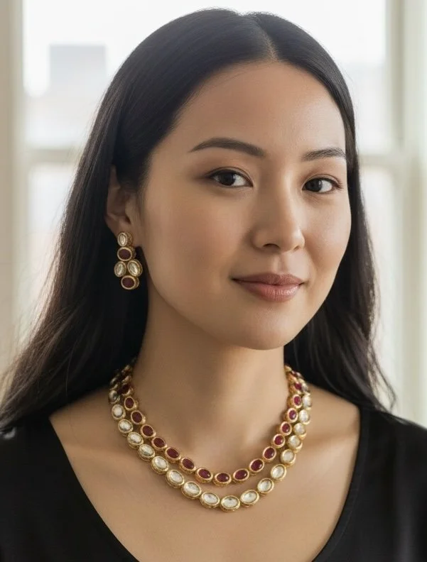 Double Line Kundan Necklace and Earrings