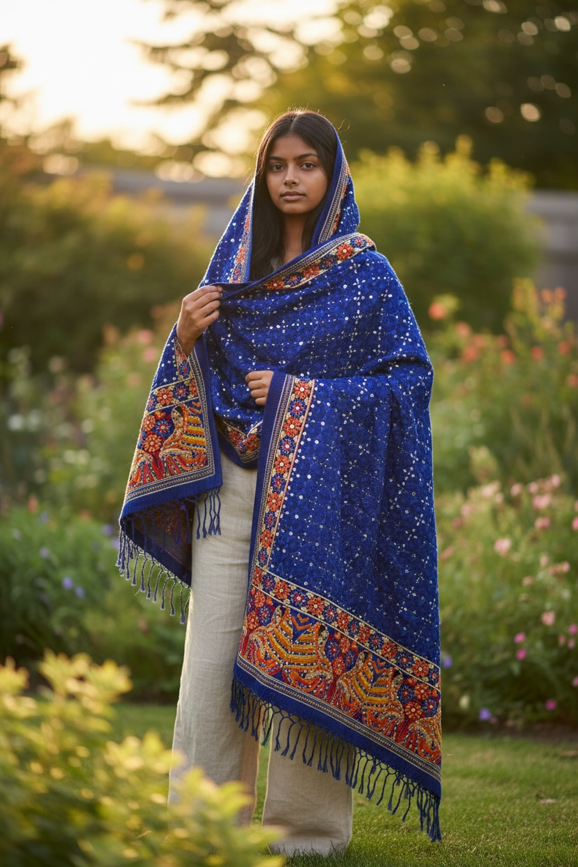 Blue Phulkari Dupatta with Figures
