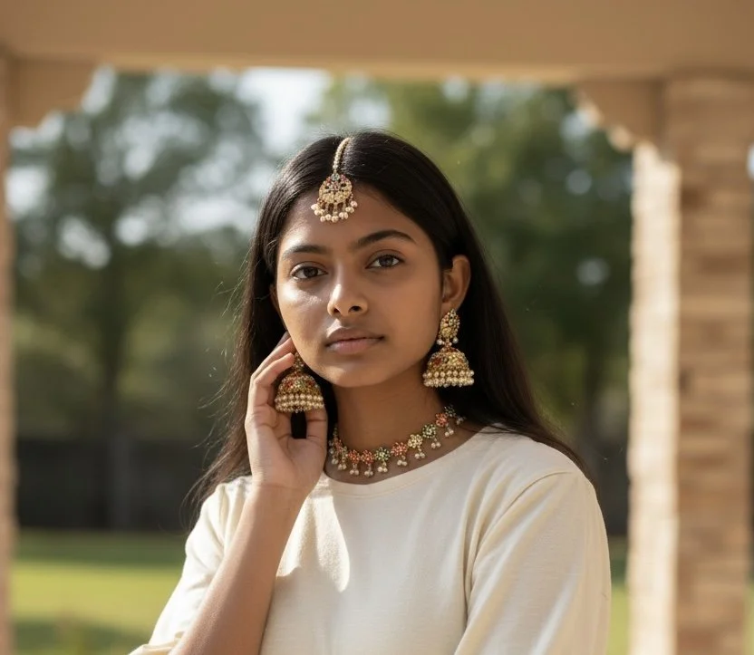 single line jadau choker with jumki and tikka