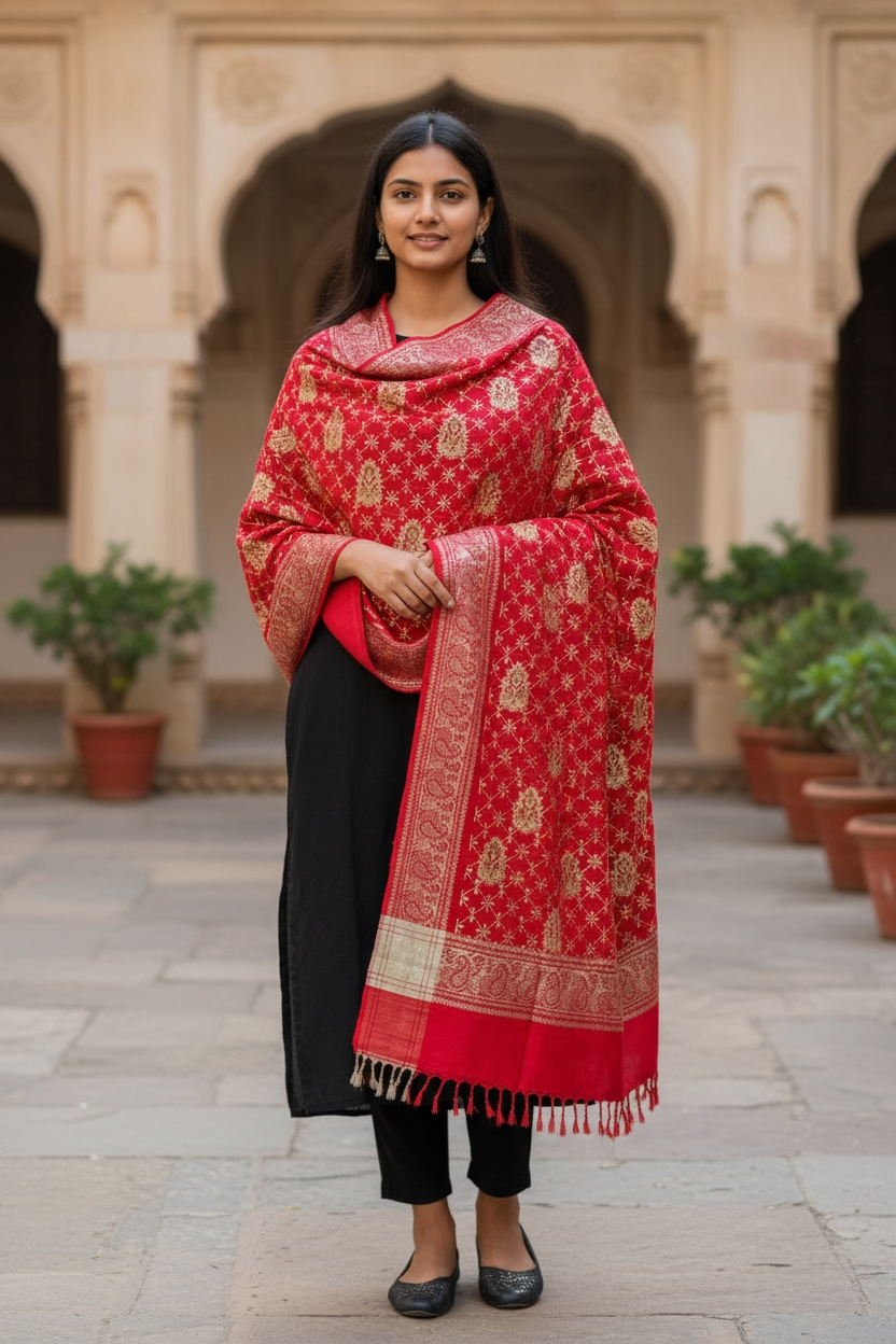 Red Shawl with Thread Work