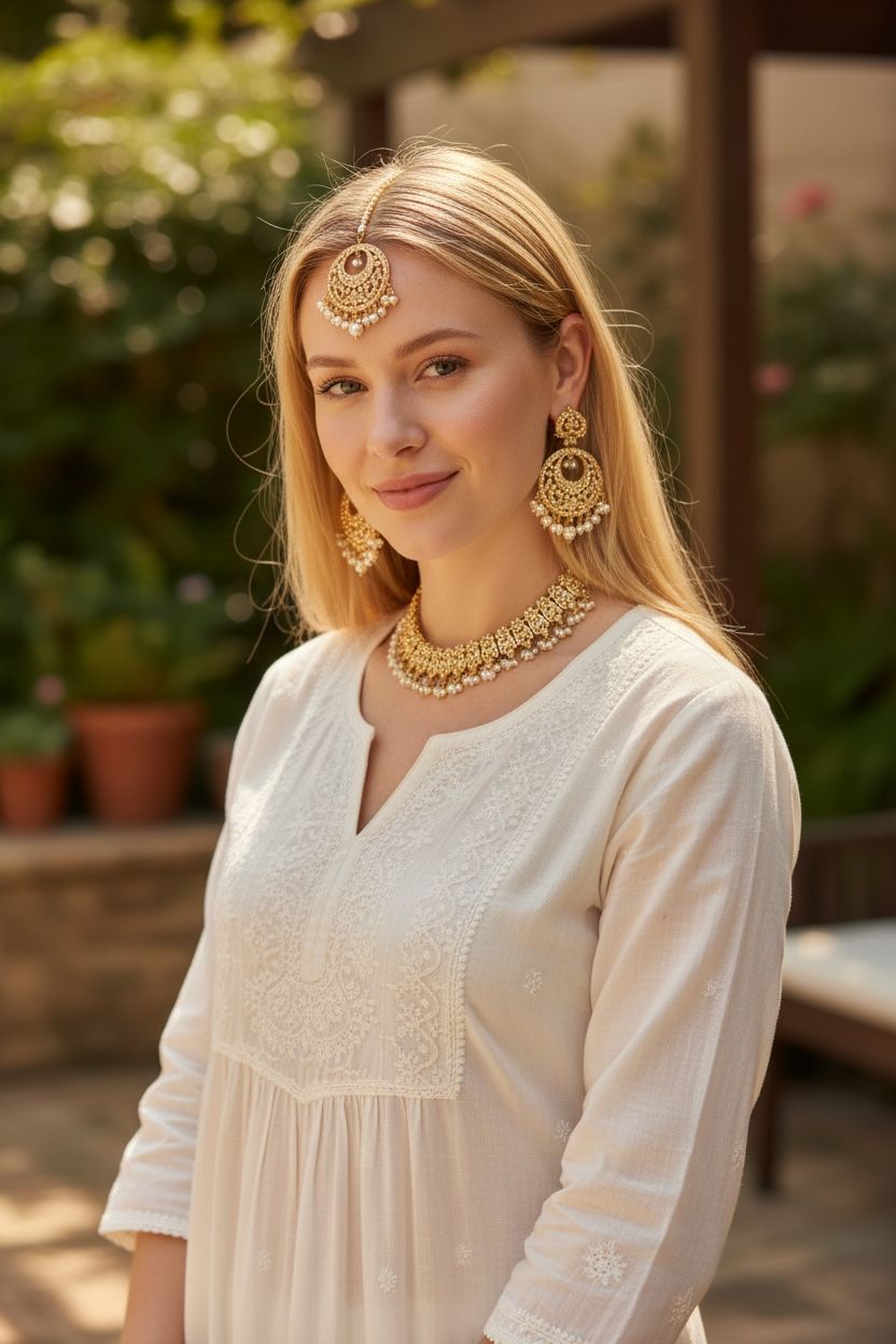 Jadau neckline with earrings and tikka