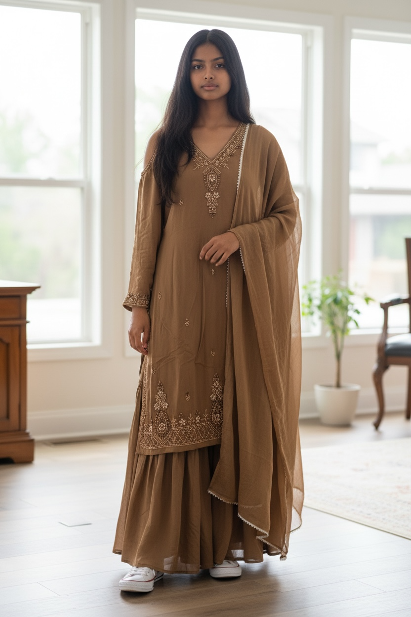 Brown Chinon Gharara Suit with Pearl work, Cut dana and Stone